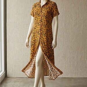 Porridge Clothing Leopard Print Maxi Shirt Dress Size 6 Button Front Split Rayon